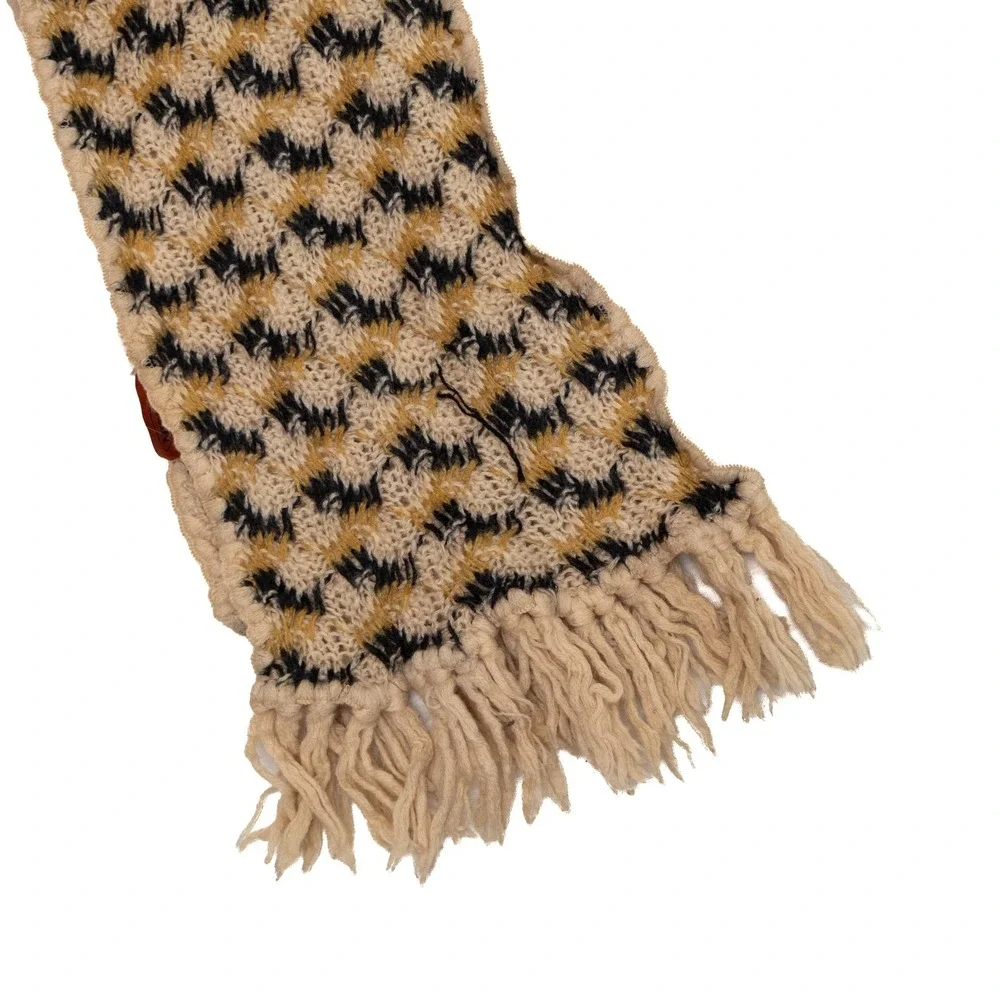 Missoni Beige & Black‎ Patterned Knit Wool Scarf with Fringe Trim
